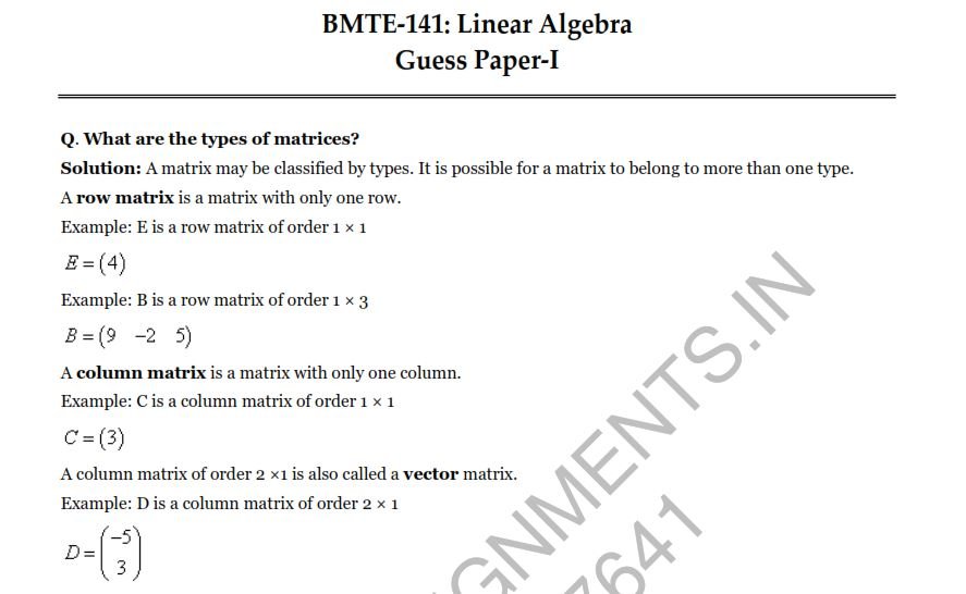 IGNOU BMTE-141 Guess Paper Solved English Medium