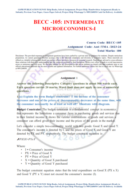 IGNOU BECC-105 Solved Assignment 2023-24 English Medium