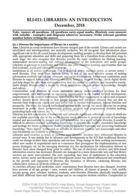 IGNOU BLII-011 Previous Year Solved Question Paper (Dec 2018) English Medium