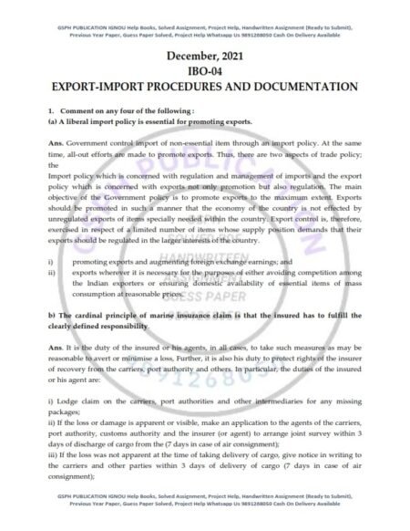 IGNOU IBO-04 Previous Year Solved Question Paper (Dec 2021) English Medium