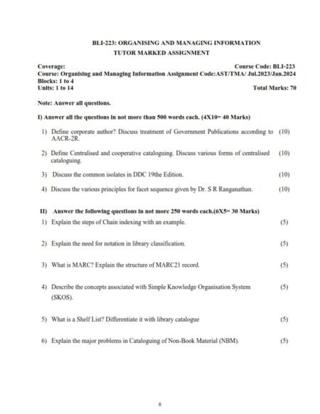 IGNOU BLIS-223 Solved Assignment 2023-24 English Medium