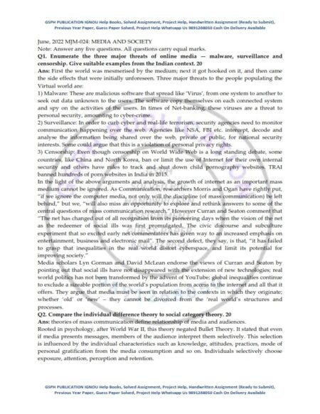 IGNOU MJM-024 Previous Year Solved Question Paper (Dec 2021) English Medium
