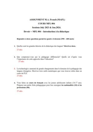 IGNOU MFL-04 Solved Assignment 2023-24 French Medium