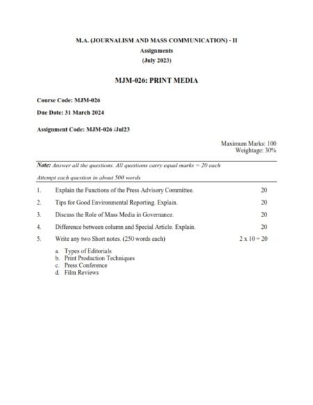 IGNOU MJM-026 Solved Assignment July 2023 English Medium