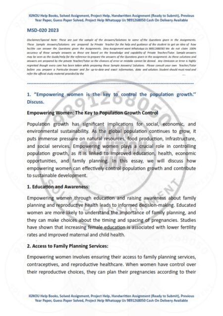 IGNOU MSD-020 Solved Assignment 2023 English Medium
