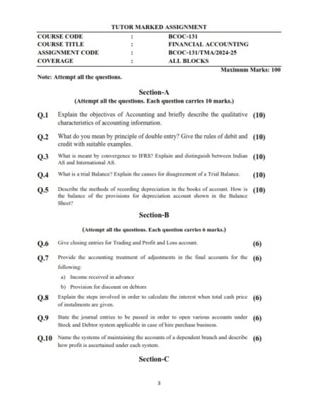 IGNOU BCOC-131 Solved Assignment 2024-25 English Medium (BCOMG)