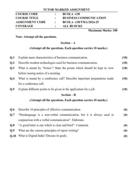 IGNOU BCOLA-138 Solved Assignment 2024-25 English Medium