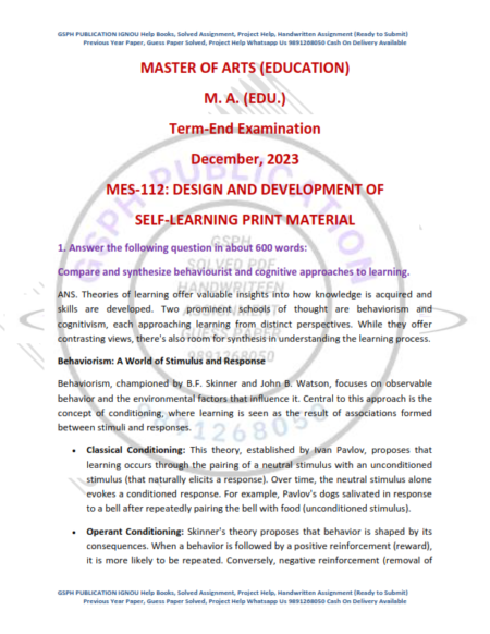 IGNOU MES-112 Previous Year Solved Question Paper English Medium (December 2023)