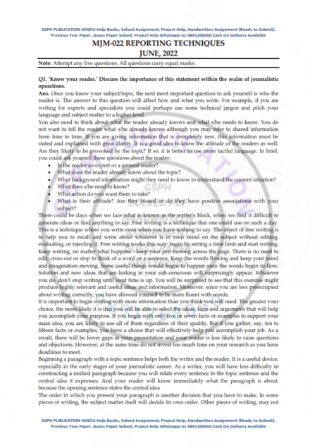 IGNOU MJM-022 Previous Year Solved Question Paper English Medium (June 2022)