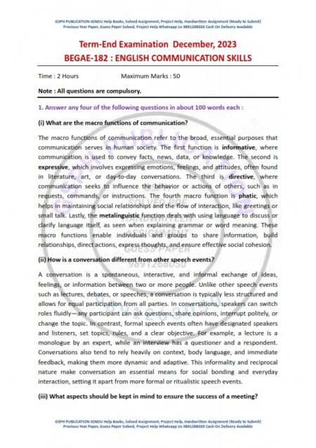 IGNOU BEGAE-182 Previous Year Solved Question Paper English Medium (DEC 2023)
