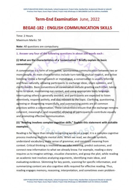 IGNOU BEGAE-182 Previous Year Solved Question Paper English Medium (JUNE 2022)