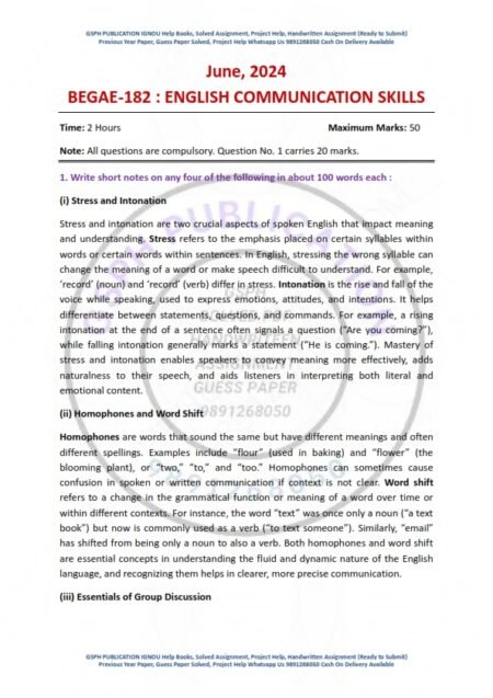 IGNOU BEGAE-182 Previous Year Solved Question Paper English Medium (JUNE 2024)
