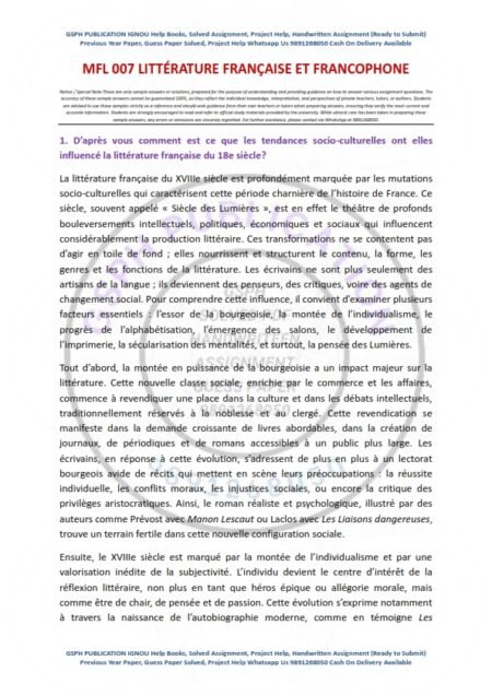 IGNOU MFL-007 Solved Assignment 2024 French Medium