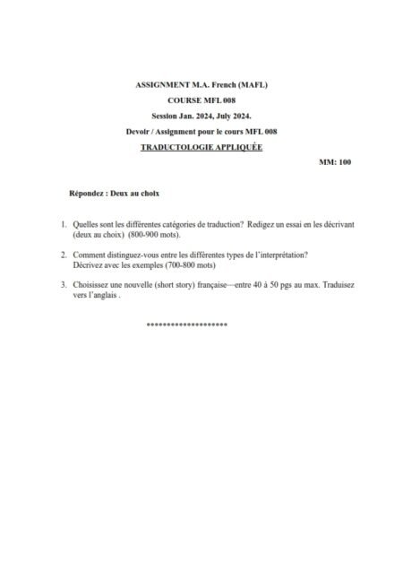 IGNOU MFL-008 Solved Assignment 2024 French Medium