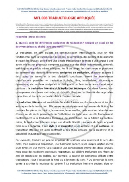 IGNOU MFL-008 Solved Assignment 2024 French Medium
