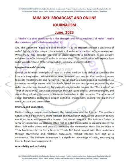 IGNOU MJM-023 Previous Year Solved Question Paper English Medium (JUNE 2023)