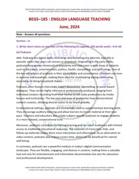 IGNOU BEGS-185 Previous Year Solved Question Paper English Medium (JUNE 2024)