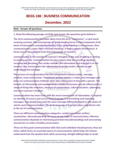 IGNOU BEGS-186 Previous Year Solved Question Paper English Medium (DEC 2022)