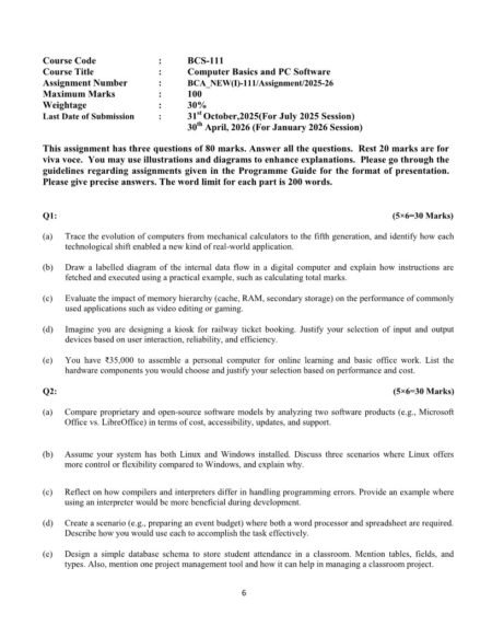 IGNOU BCS-111 Solved Assignment 2025-26 English Medium