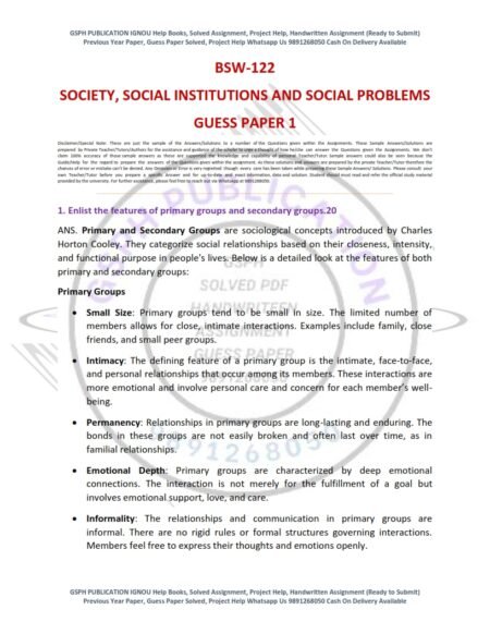 IGNOU BSW-122 Guess Paper Solved English Medium