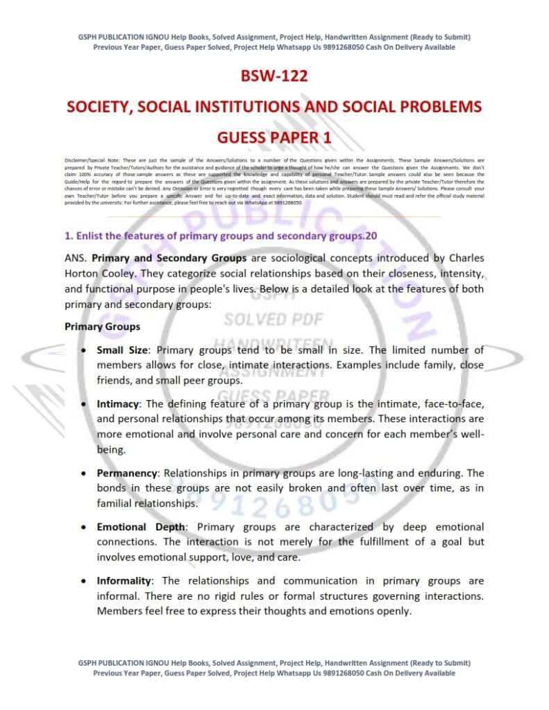 IGNOU BSW-122 Guess Paper Solved English Medium