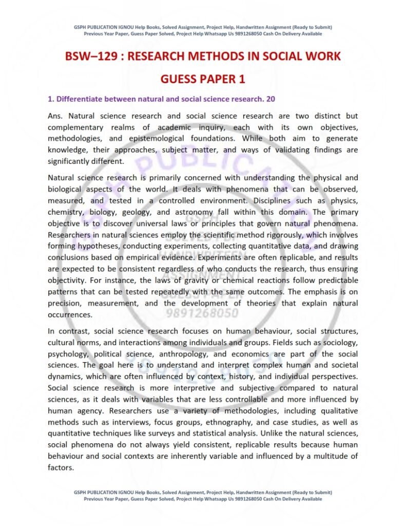 IGNOU BSW-129 Guess Paper Solved English Medium