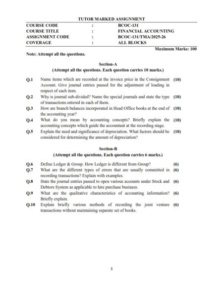IGNOU BCOC-131 Solved Assignment 2025-26 English Medium