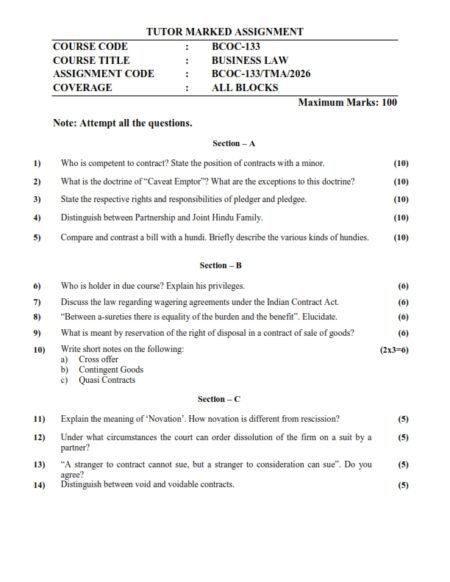 IGNOU BCOC-133 Solved Assignment 2026 English Medium