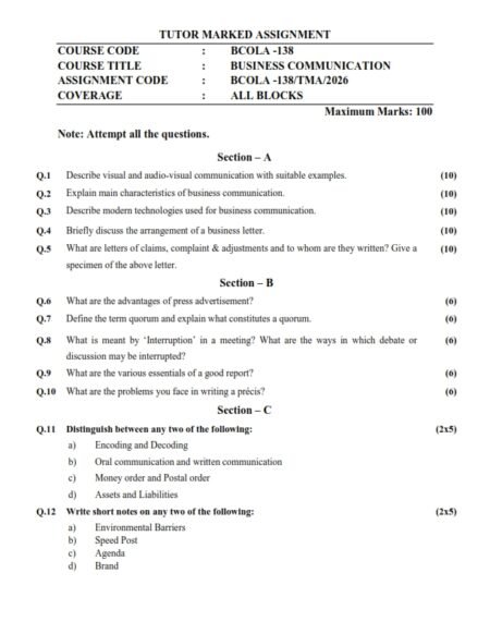 IGNOU BCOLA-138 Solved Assignment 2026 English Medium