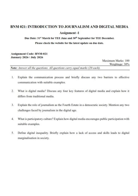 IGNOU BNM-021 Solved Assignment 2026 English Medium