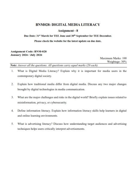 IGNOU BNM-028 Solved Assignment 2026 English Medium