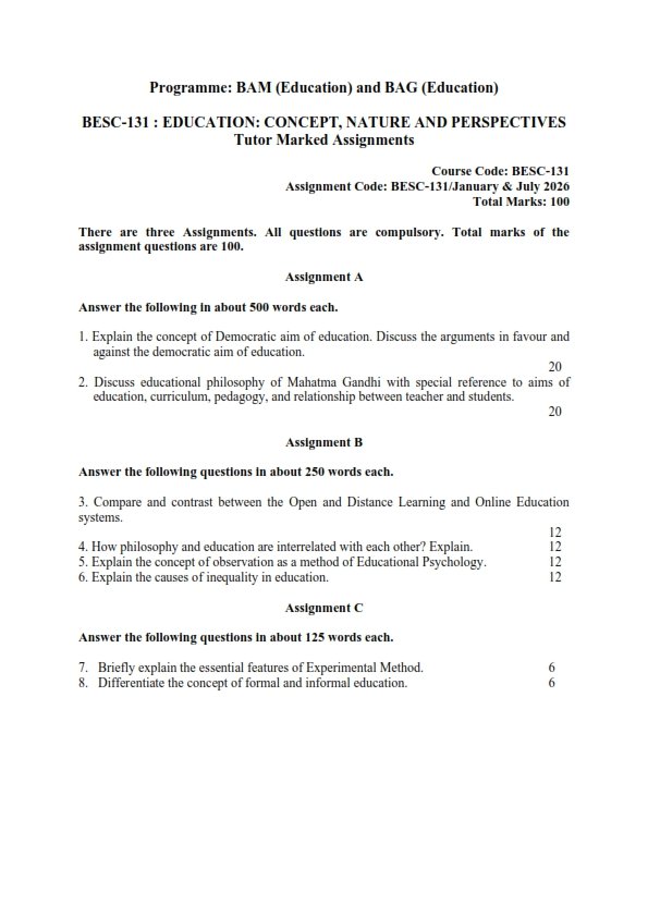 IGNOU BESC-131 Solved Assignment 2026 English Medium