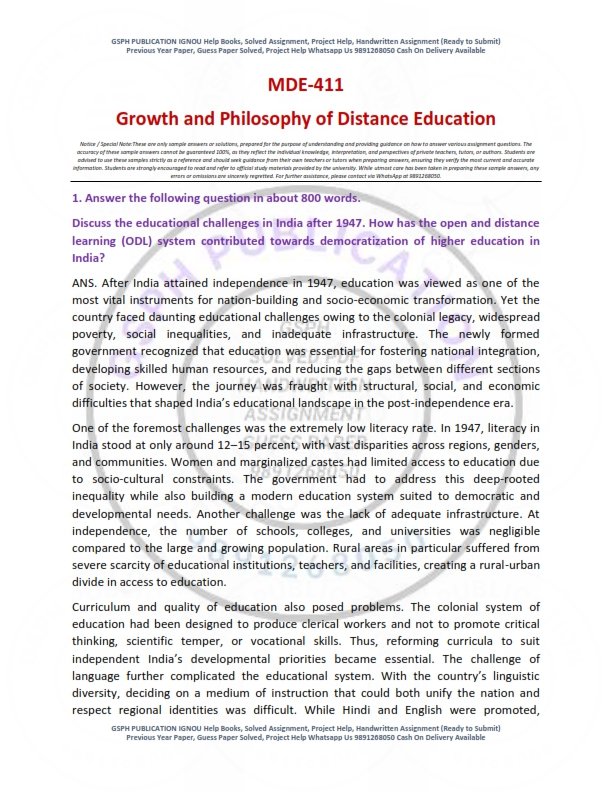 IGNOU MDE-411 Solved Assignment 2026 English Medium