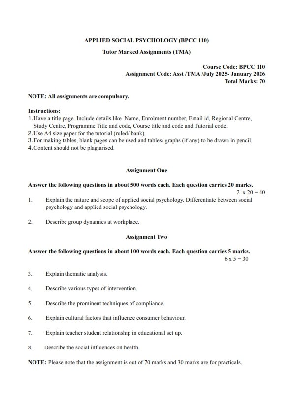 IGNOU BPCC-110 Solved Assignment 2025-26 English Medium