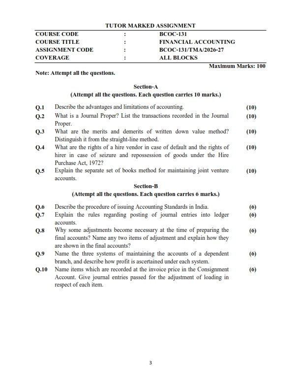 IGNOU BCOC-131 Solved Assignment 2026-27 English Medium