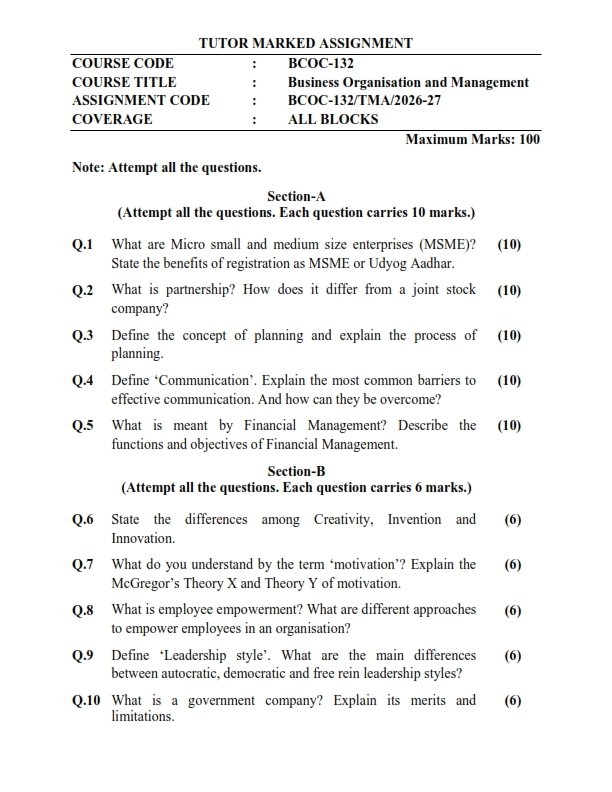 IGNOU BCOC-132 Solved Assignment 2026-27 English Medium