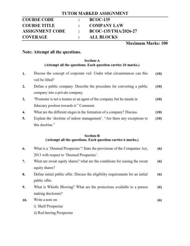 IGNOU BCOC-135 Solved Assignment 2026-27 English Medium