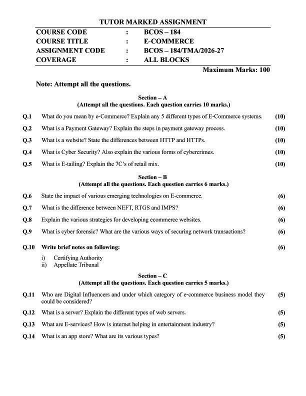 IGNOU BCOS-184 Solved Assignment 2026-27 English Medium