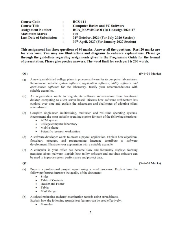 IGNOU BCS-111 Solved Assignment 2026-27 English Medium