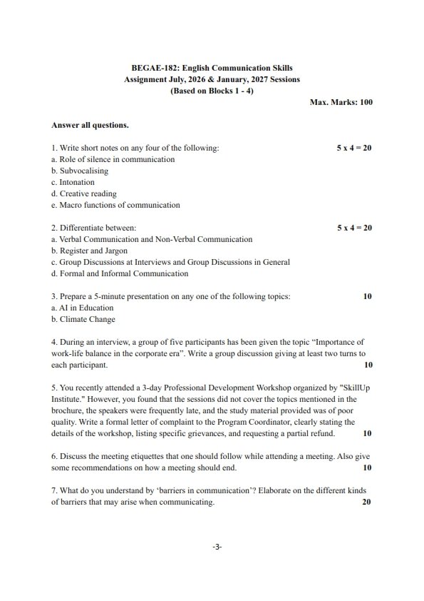 IGNOU BEGAE-182 Solved Assignment 2026-27 English Medium