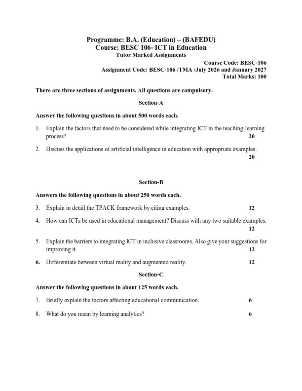 IGNOU BESC-106 Solved Assignment 2026-27 English Medium