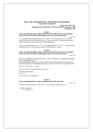 IGNOU BECC-102 Solved Assignment July 2025 & January 2026 English Medium